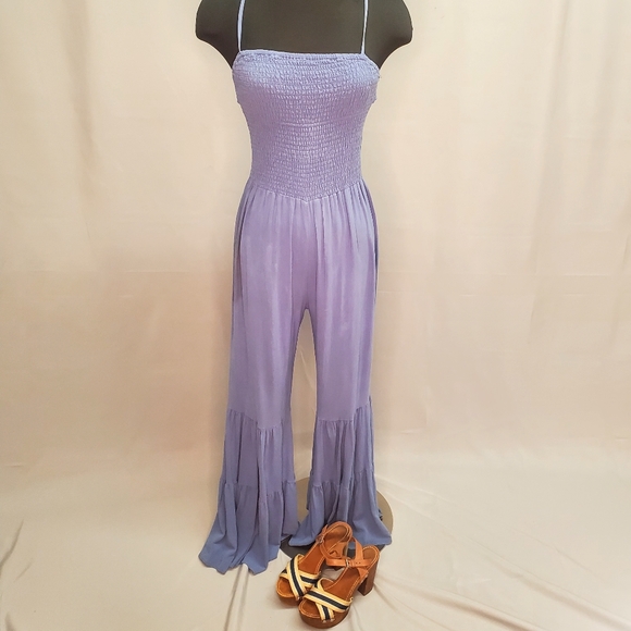 MainStrip Blue Cotton Boho Jumpsuit Flair Legs Ruffles Size L - Picture 6 of 6